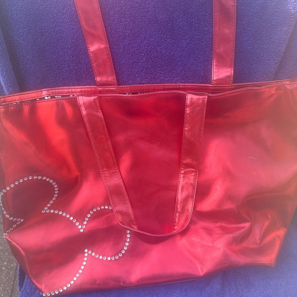 Disney Parks Red Reversible Large Shopping Tote Bag Metallic Red/Mickey Print